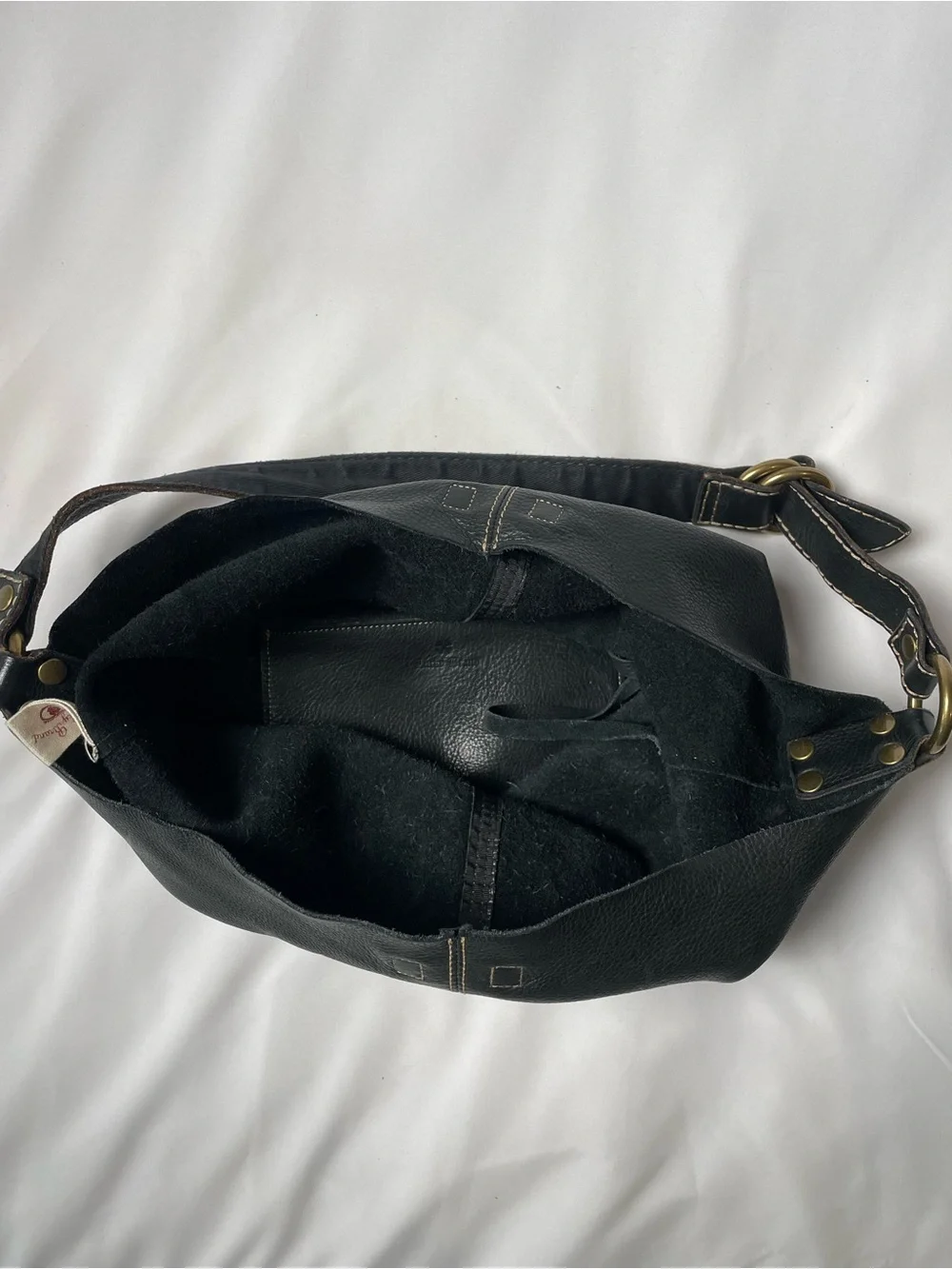 Bag Lucky Brand Black Pebbled Leather Hobo Bag Brass Hardware Boho Chic